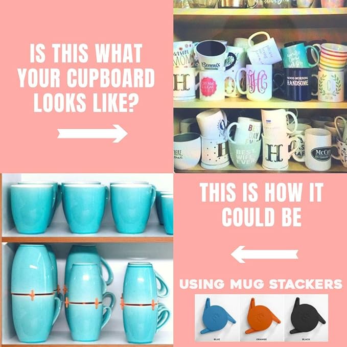 ELYPRO Mug Stacker 6-Pack – Coffee Mug Rack & Mug Organizer | Stackable Cup Holder for Coffee Bar & Kitchen, Under Cabinet Mug Holder – Space-Saving Mug Storage for Cabinets – Orange
