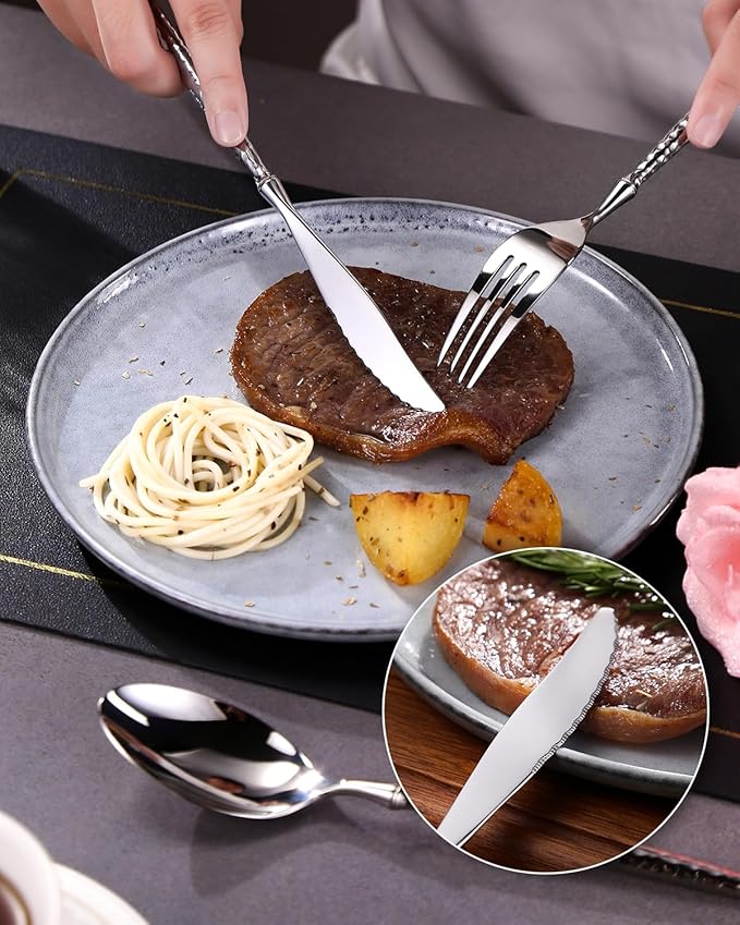 Lemeya 20-Piece Hammered Silverware Set,18/10 Stainless Steel Forging Heavy Duty Cutlery Set for 4, Luxury Unique Flatware Set,Spoons and Forks Set,Mirror Polished,Dishwasher Safe