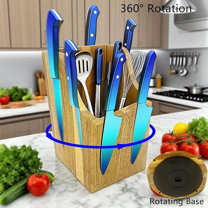 Magnetic Wooden Knife Block for Kitchen without Knives - 360° Rotating Knife Holder with Strong Enhanced Magnets Extra Large Capacity Knife Storage Organizer for Knives Utensils