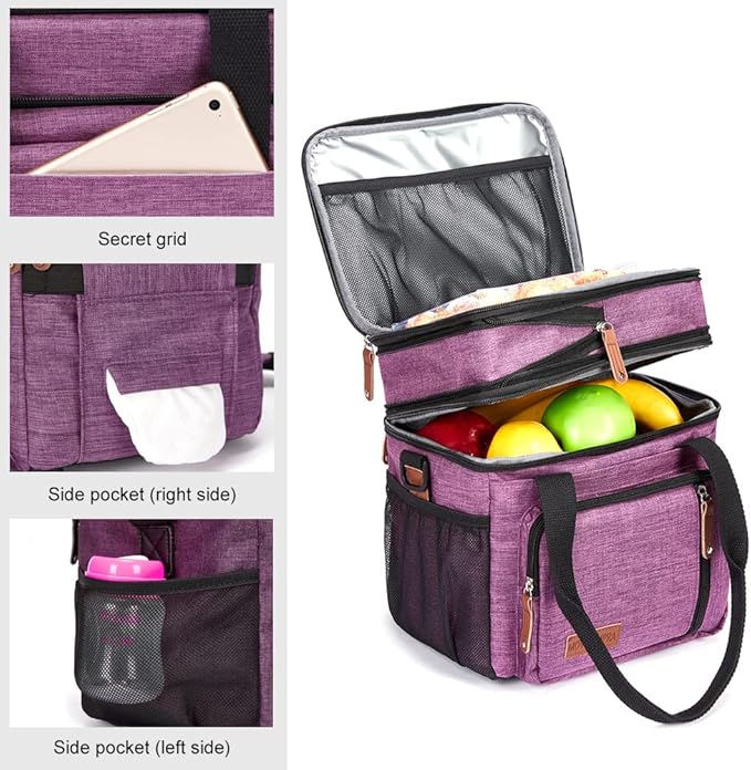 MOV COMPRA Purple Lunch Bag Women, Expandable Insulated Lunch Box for Work, Large Lunch Bag Leakproof Lunch Box Cooler Bag（Purple）