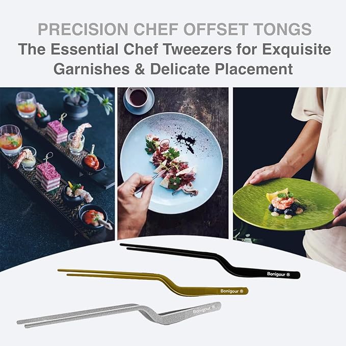 8 Inch Precision Offset Tweezers, Kitchen Culinary Stainless Steel Tongs, Curved Kitchen Cooking Multi-function Chef Precision Tweezer Tongs for Plating, Food Decorating and ect (Black)