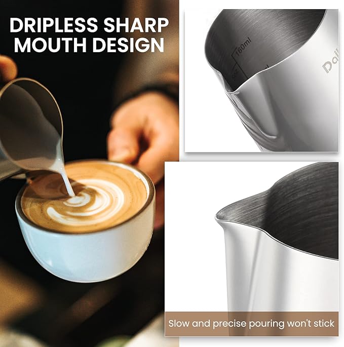 Milk Frothing Pitcher, Dailyart 6.8oz/200ml Milk Frother Cup 304 Stainless Steel Steaming Pitcher With Internal Scale, Espresso Accessories, Frother Pitchers For Espresso Machine Cappuccino Latte Art