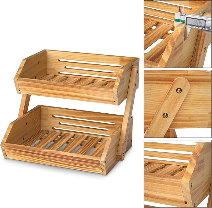 2 Tier Wooden Fruit Basket For Kitchen, Bread Vegetable Fruit Basket Bowl Stand, Farmhouse Fruit Bowl for Countertop, Large