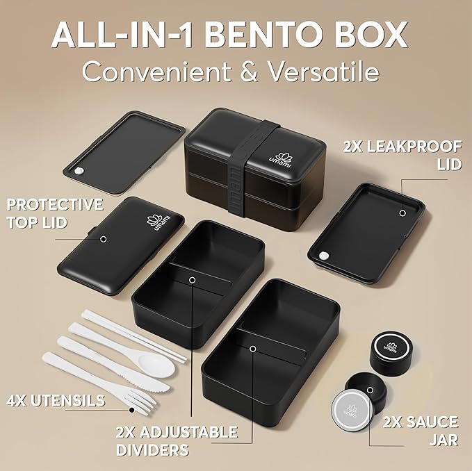 Umami Bento Box Adult All-In-1 w/4 Utensils, 2 Sauce Jar, 2 Dividers, 100% Leakproof, Microwave & Dishwasher Safe, Stackable Bento Lunch Box Containers for Men/Women, Matte Black, 40 oz