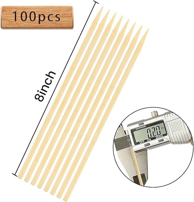 HANSGO 8Inch Natural Bamboo Skewers, with 5PCS Food Prep Gloves, 100PCS Wooden Skewers for Appetizers, Fruit, Kabobs, Grilling Kebabs, Corns, Cocktail Picks for Drinks, Sturdy & Durable