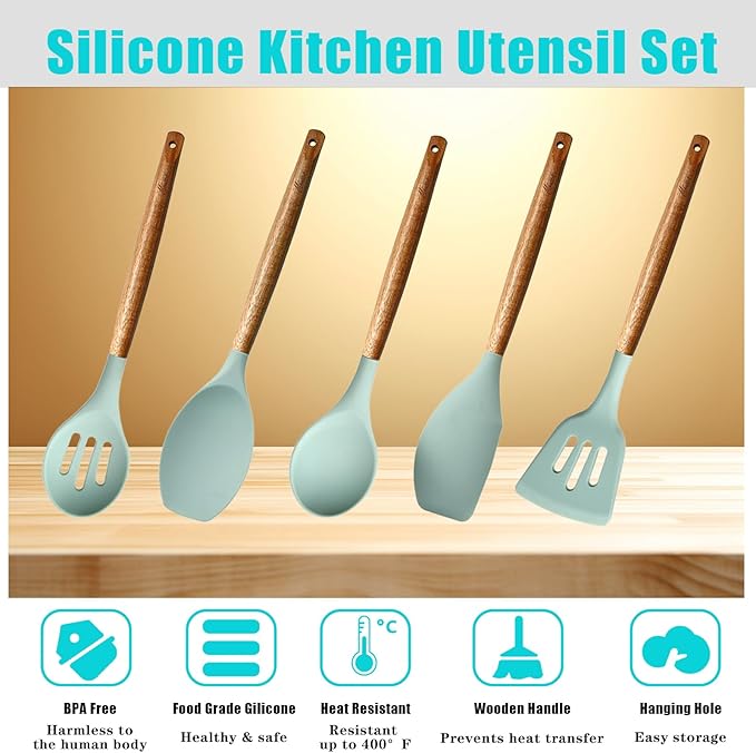 Kitchen Utensils Set, Silicone Cooking Utensils Set,Non-Stick Silicone Spatula Set with Natural Acacia Hard Wood Handle, 5 Piece, Upgraded Thickened Cookware