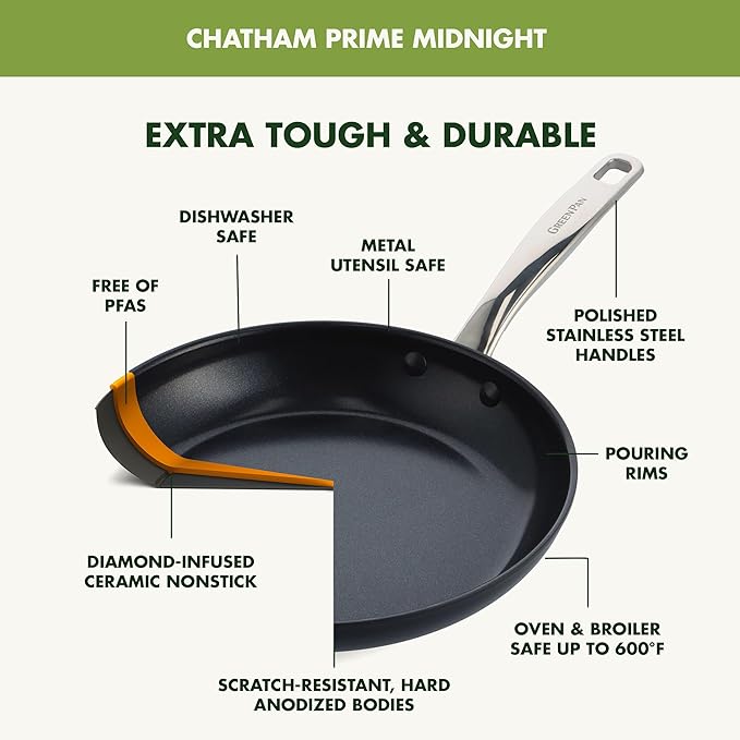 GreenPan Chatham Prime Midnight 8" and 10" Frying Pan Set, Hard Anodized Ceramic Nonstick, PFAS-Free, Dishwasher Safe, Oven Safe, Healthy Cooking Skillet for Eggs and Omelets, Black