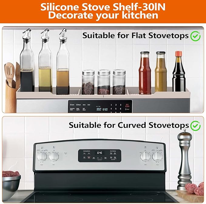 AWOKE Stove Top Shelf 30 Inch - Silicone Material Magnetic Shelf for Stove - 3 Functional Partitions Kitchen Spice Rack Organizer-Beige,Kitchen Gadgets Storage Organization