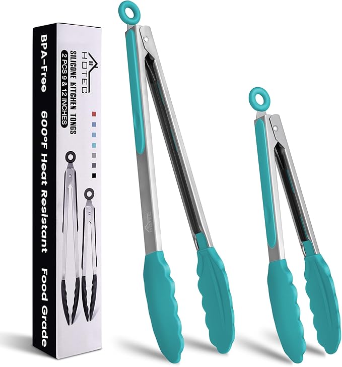 HOTEC Premium Stainless Steel Locking Kitchen Tongs with Silicon Tips, Set of 2-9" and 12", Blue
