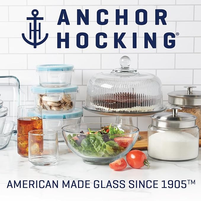 Anchor Hocking 16 Piece Glass Storage Containers with Lids (8 Glass Food Storage Containers & 8 Mixed Blue SnugFit Lids)