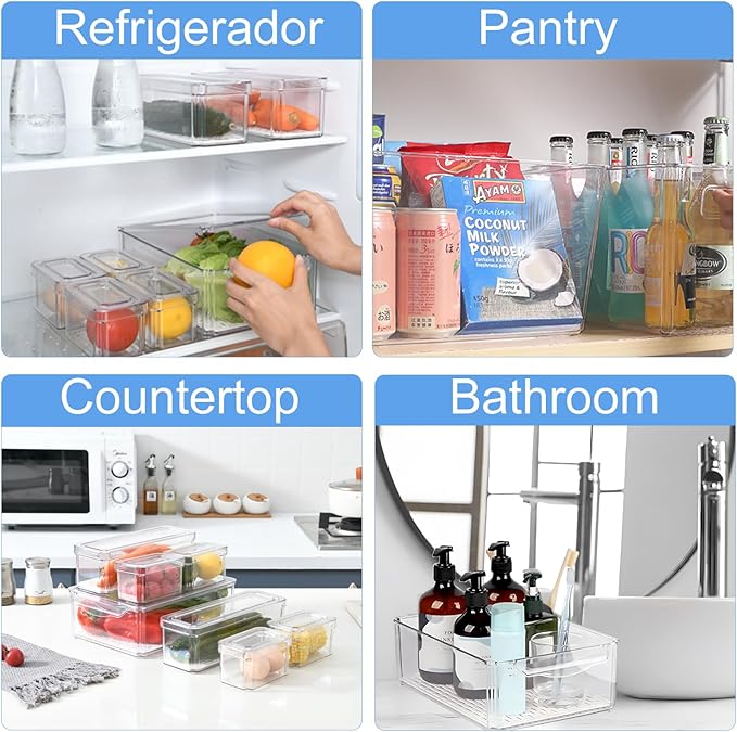 14-Pack Clear Fridge Organizer Bins with Lids, Stackable Refrigerator Storage Containers, BPA-Free with Drain Tray & Anti-Slip Base for Fruits, Veggies, Drinks