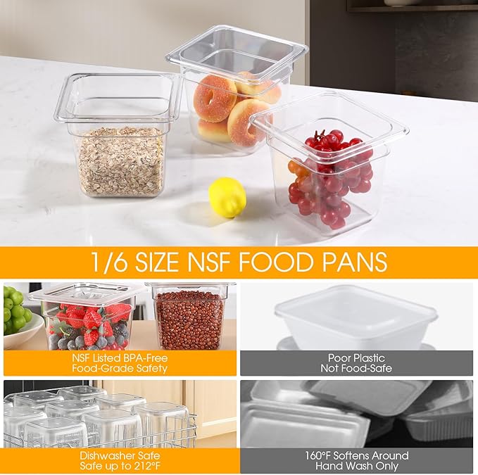 6 Pack 4'' Deep NSF Food Pans 1/6 Size | Commercial Food Storage Containers | Polycarbonate Plastic Pans for Restaurant Kitchen | Commercial Grade for Food Prep | Clear