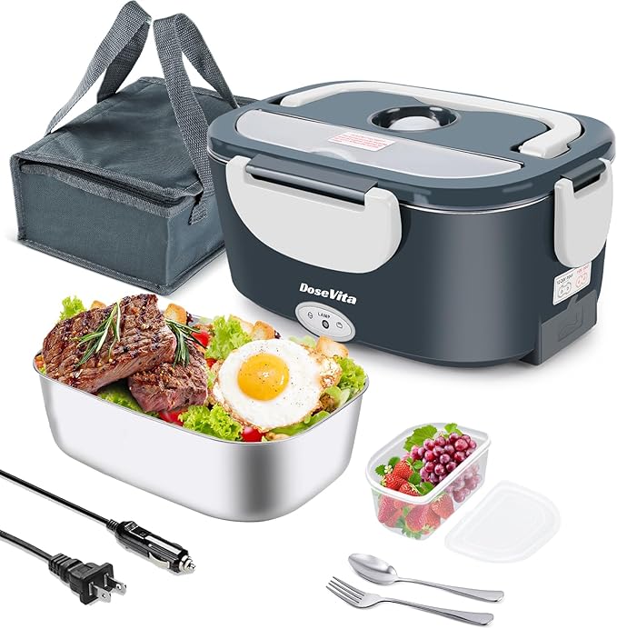 Electric Lunch Box for Adults, 80W Heated Lunch Box, 1.5L Stainless Steel Container | 12V/24V (Car/Truck) & 110V (Office/Home) | with Fork&Spoon and Insulated Carry Bag