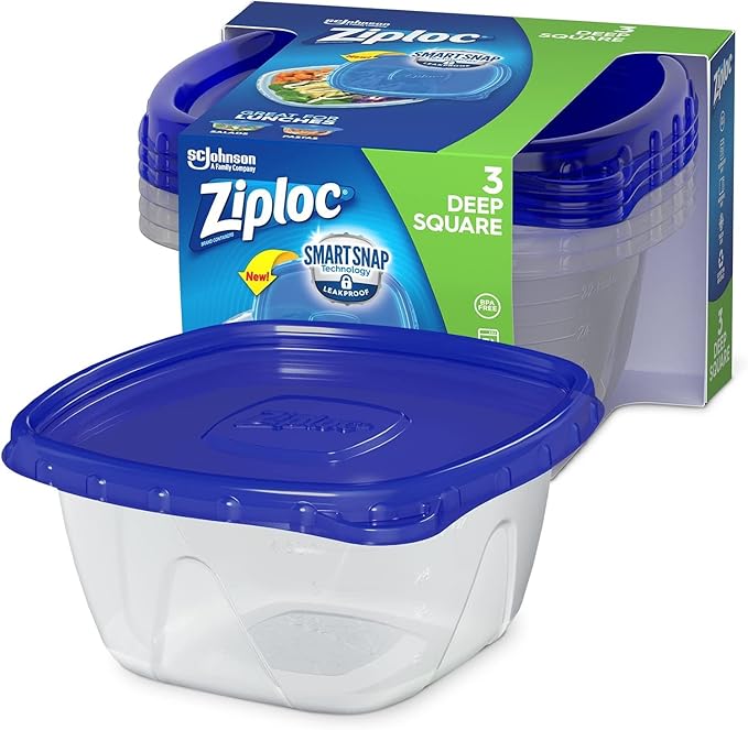 Ziploc Food Storage Meal Prep Containers Reusable for Kitchen Organization, Smart Snap Technology, Dishwasher Safe, Deep Square, 3 Count