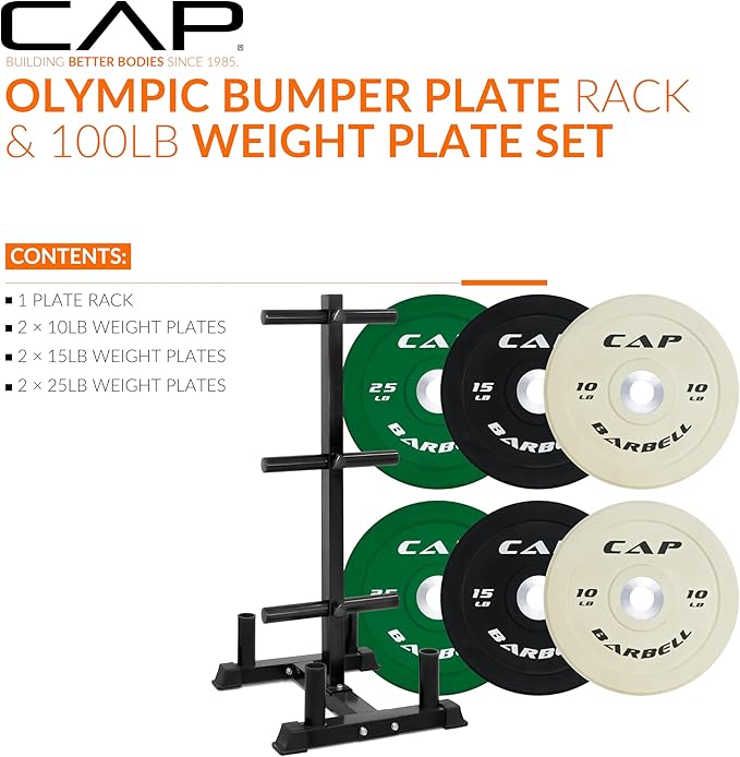 CAP Barbell 2-Inch Olympic Bumper Plate Weight Set with 6 Post Rack | 100-370 lbs | Multiple Options