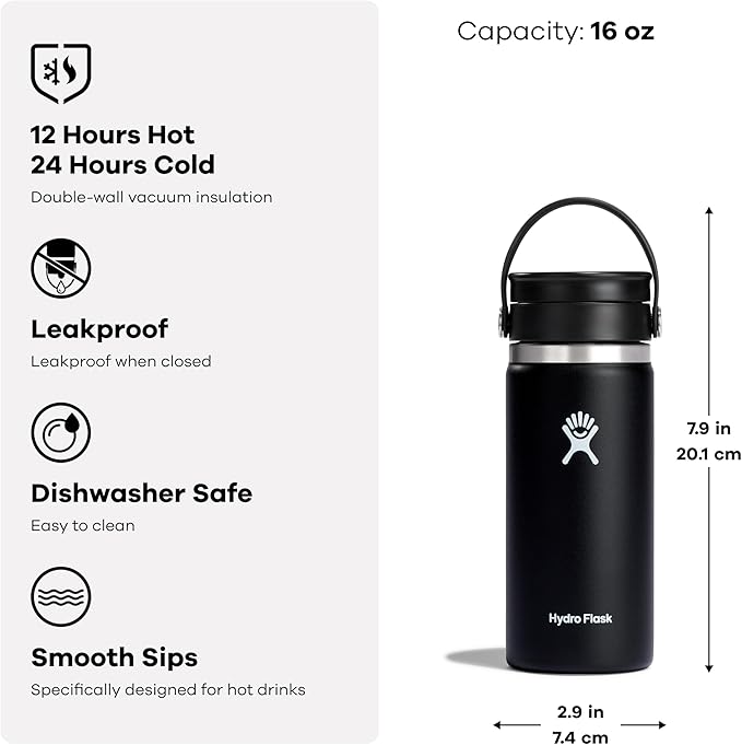 Hydro Flask Flex Sip Coffee Tumbler – Insulated Stainless Steel, Non Spill, Leak Proof Travel Coffee Cup 16 Oz Cascade Blue
