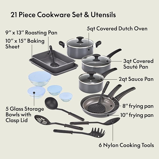 bella Cookware Set with Glass Lids with Nonstick, PFOA Free and Scratch Resistant Surface, Aluminum Bakeware, Pots and Pans, Storage Bowls & Utensils, Compatible with All Stovetops, 21 Piece, Gray