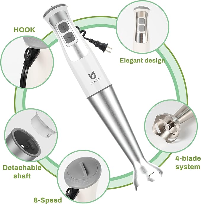 Immersion Hand Blender, UTALENT 5-in-1 8-Speed Immersion Blender with 500ml Food Grinder, 600ml Container,Milk Frother,Egg Whisk,Puree Infant Food, Smoothies, Sauces and Soups - White