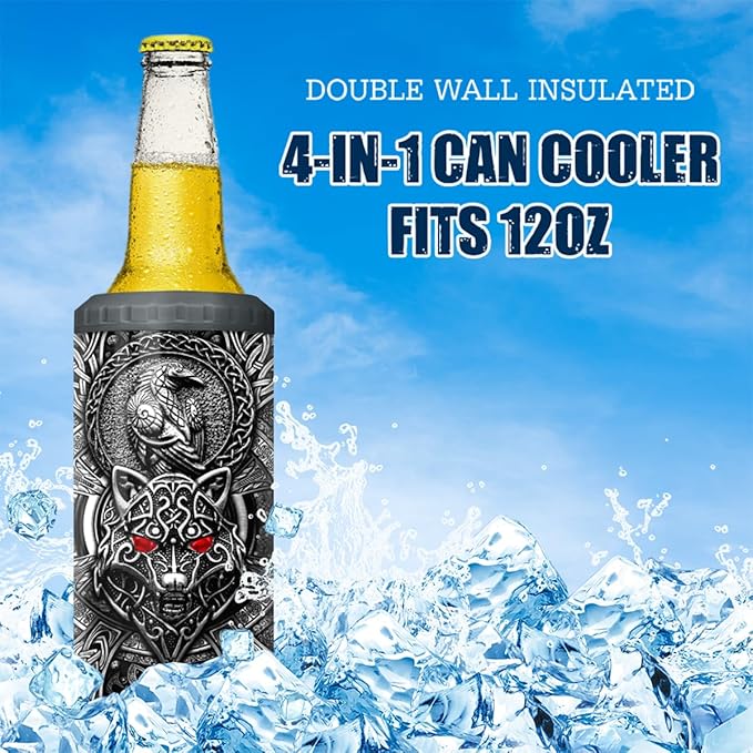 SANDJEST Wolf Tumbler Raven Viking 4 in 1 12oz Tumbler Can Cooler Coozie Skinny Stainless Steel Tumbler Gift for Men Dad Son Father Husband Christmas Birthday
