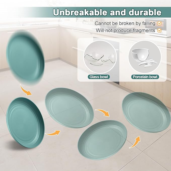 12 Pcs Unbreakable Deep Dinner Plates Set, 9 inch Reusable Plastic Wheat Straw Plates, Microwave and Dishwasher Safe Plate for Kitchen, Lightweight Plate for Dessert, BPA Free, 4 Colors