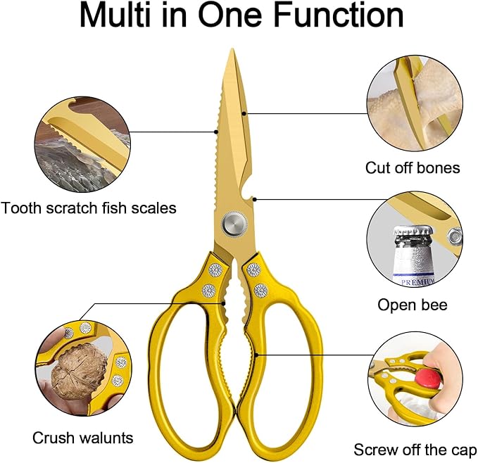 CGBE Kitchen Scissors, Multi-Purpose Kitchen Shears, Heavy Duty Dishwasher Safe Food Scissors for Chicken, Poultry, Fish, Meat & Herbs with Non-Slip Grips - ALL Gold