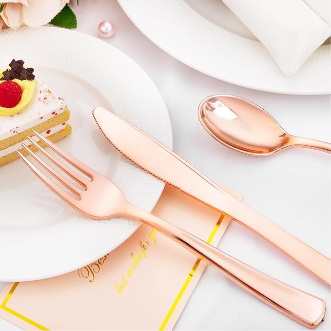 Liacere 100Pack Rose Gold Plastic Silverware - Pre Rolled Napkins with Rose Gold Cutlery - Wrapped Silverware Set Disposable100 Forks Knives Spoons Wrapped Utensils for Wedding&Christmas