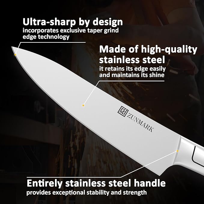 Kitchen Knife Set, Professional 13 Piece Knife Set with Block and Sharpener, Sharp Chef Knife Set, Ideal for Home and Restaurants, Silver