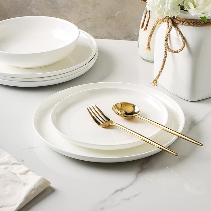 Stone Lain Gabrielle Bone China Dinnerware Set, 12-Piece Service for 4, Solid White