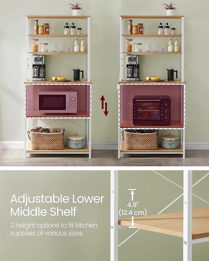 VASAGLE Bakers Rack with Power Outlet, 31.5 Inches Coffee Bar for Kitchen with Storage, 6-Tier Kitchen Shelves with 6 Hooks, Microwave Stand, Golden Oak and White UKKS119Y01