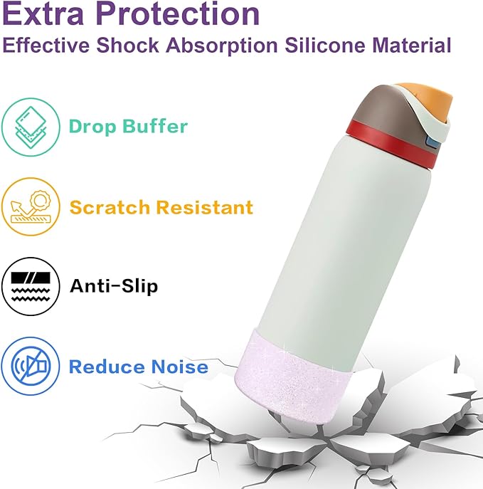 2PCS Silicone Water Bottle Boot for Owala 32oz, Protective Bottom Bumper Anti-Slip Sleeve for FreeSip, Twist, and Flip Stainless Steel Bottles, Dishwasher Safe and BPA Free(Shiny Purple)
