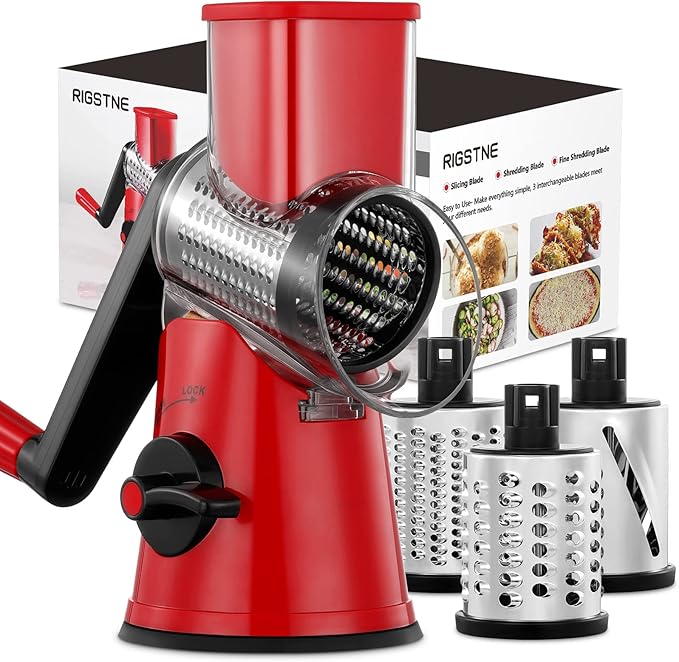 Rotary Cheese Grater, 3 in 1 Cheese Shredder Grater Rotary with Handle, Vegetable Mandoline Slicer Shredder for Vegetable, Cheese, Nut