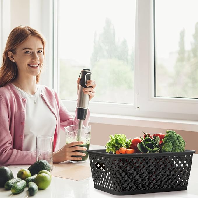 MaxGear Organization and Storage 3 Packs, Plastic Bins Organizer Bins, Woven Baskets for Storage, Plastic Baskets with Handles, Black Basket for Organizing, Basket Organizer for Home and Office, Large