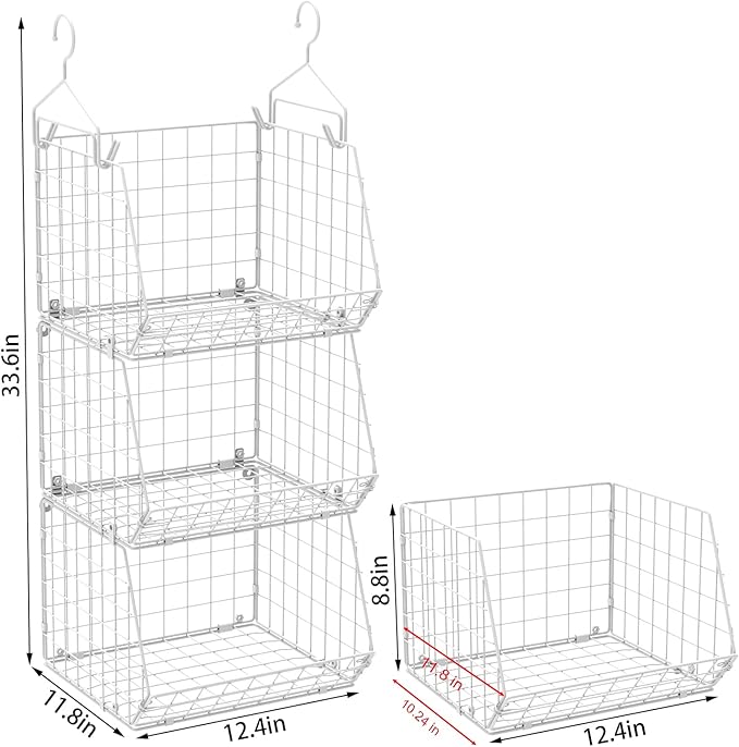 X-cosrack 3 Tier Foldable Closet Organizer, Clothes Shelves with 5 S Hooks, Wall Mount&Cabinet Wire Storage Basket Bins, for Clothing Sweaters Shoes Handbags Clutches Accessories-White Patent Design