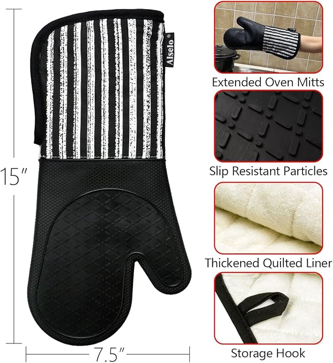 Silicone Oven Mitts Heat Resistant 932℉ with Waterproof & Non-Slip Kitchen Mittens, Set of 2 Extra Long Oven Gloves with Soft Cotton Terry Lining for Baking Cooking Barbecue (2, Black Mitts)