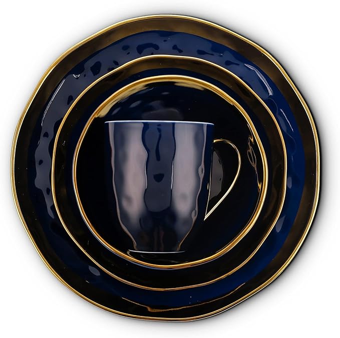 Stone Lain Porcelain 16 Piece Dinnerware Set, Service for 4, Blue and Golden Rim, Dark Blue