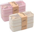 Rarapop 2 Pack Stackable Bento Box Japanese Lunch Box Kit with Spoon & Fork, 3-In-1 Compartment Wheat Straw Meal Prep Containers for Kids & Adults (Pink/Beige)