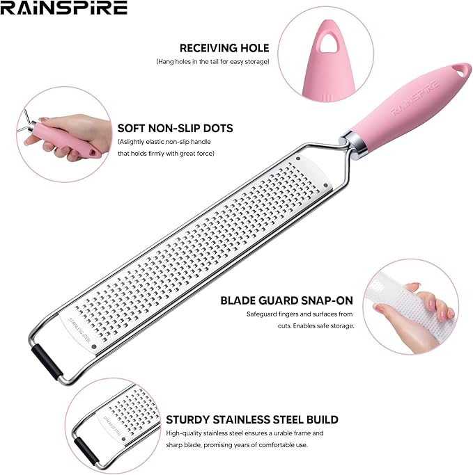 Rainspire Zester Grater with Handle, Lemon Zester Cheese Grater for Kitchen Stainless Steel, Parmesan Cheese Garlic Nutmeg Chocolate Fruits Vegetables Ginger Grater, Fine (Pink)