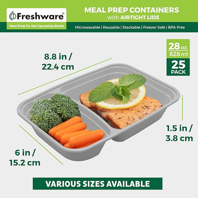 Freshware Meal Prep Containers [25 Pack] 2 Compartment with Lids, Food Storage Containers, Bento Box, BPA Free, Stackable, Microwave/Dishwasher/Freezer Safe (28 oz)