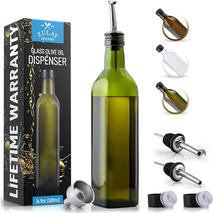 Zulay Kitchen 17oz Olive Oil Dispenser Bottle – Glass Oil Cruet with Spout, Funnel & Pourers, Easy-Pour Decanter for Kitchen Cooking and Serving (Green)