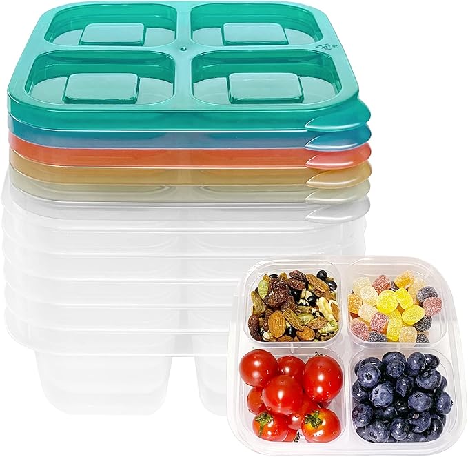 Finorder 6 Pack 4-Compartment Food Containers, Reusable Snack Containers for Kids Adults School Work Picnic Trip, Lunch Bento Box Meal Prep Containers (Dark Color Set)