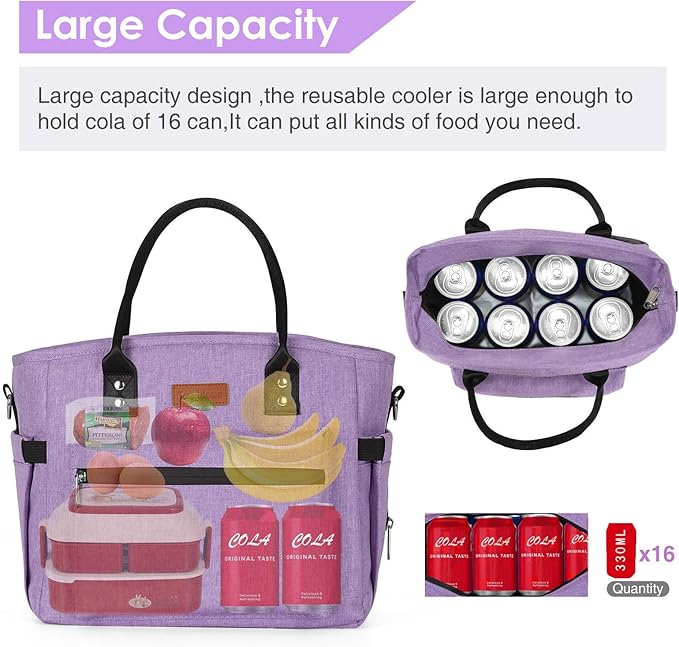 Insulated Lunch Bag for Women Men,Adult Lunch Box for Women with Adjustable Shoulder Strap,Portable Large Lunch Tote Bag for Office Work Picnic Beach,Reusable Lunch Cooler Bag