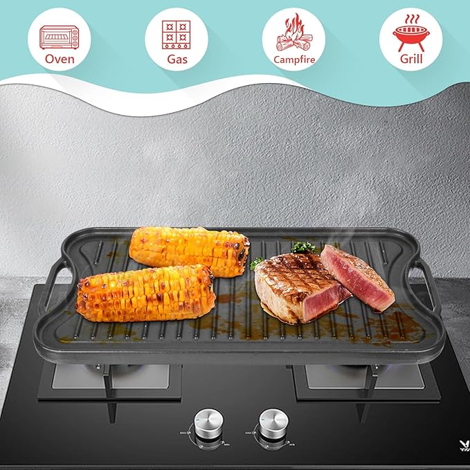 2 in 1 Reversible Cast Iron Griddles for Gas Grill,Flat Griddle-Pan for Gas Stove,Pre-Seasoned Oven Top Pan, Upgrade Double Burner Griddle for Indoor & Outdoor Cooking Accessories,20" X 10.5"