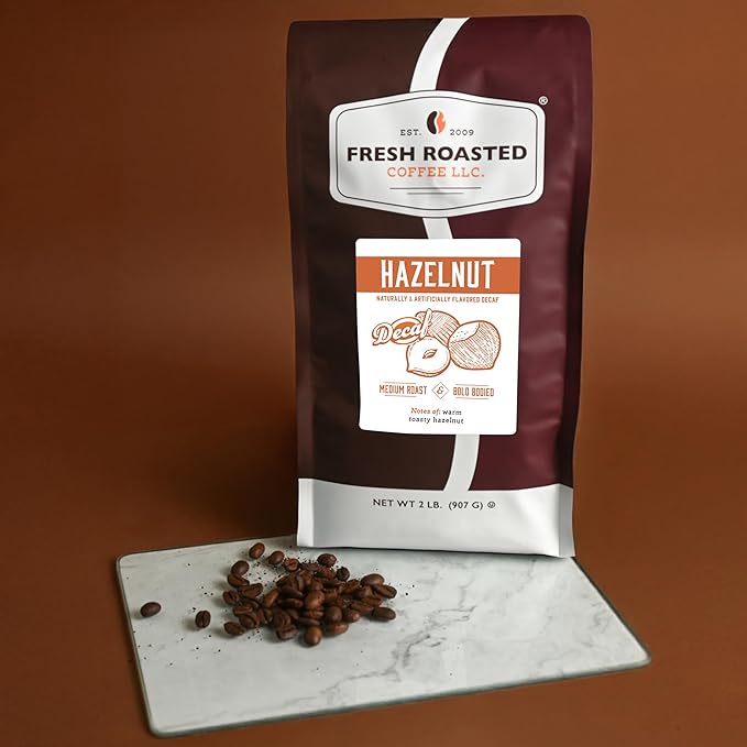 Fresh Roasted Coffee, Decaf Hazelnut Flavored Coffee, 2 lb (32 oz), Medium Roast, Kosher, Whole Bean