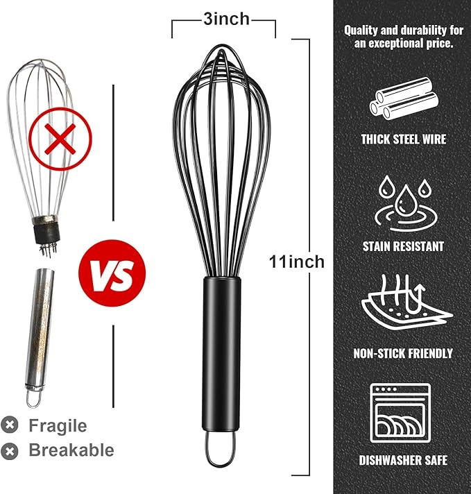 Maxjoy Silicone Whisk with Stainless Steel Wires - Balloon Egg Beater for Whisking, Stirring & Frothing, Heat Resistant Non Scratch 11 Inch Black