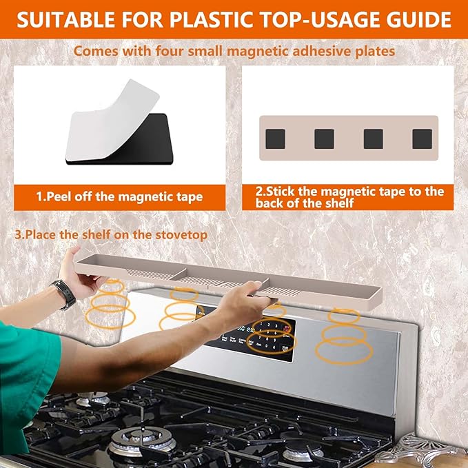 AWOKE Stove Top Shelf 30 Inch - Silicone Material Magnetic Shelf for Stove - 3 Functional Partitions Kitchen Spice Rack Organizer-Beige,Kitchen Gadgets Storage Organization