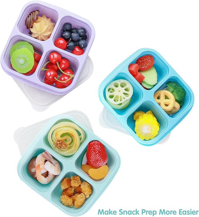 Finorder 3 Pack Wheat Straw Containers, 4 Compartment Reusable Snack Bento Box Toddler, Meal Prep Lunch Box Containers for Kids Adults, Food Containers for School,Office and Travel(Pastel Colored)