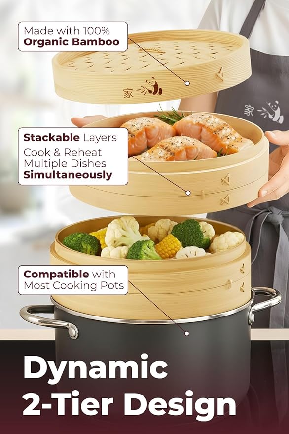 Prime Home Direct Bamboo Steamer Basket 8-Inch | 2-Tier Steamer for Cooking | 50 Liners | Small Instant Steaming Cookware Asian Food, Bao Buns, Chinese, Dim Sum, Dumpling, Rice, Vegetable Steam Pot