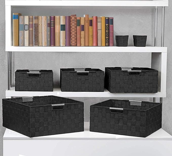 Sorbus Storage Baskets for Organizing (Set of 7), Mesh Hand-Woven Design, Linen Closet Organizers and Storage, Organizer Storage Baskets for Shelves, Variety Pack Organizers and Storage (Black)