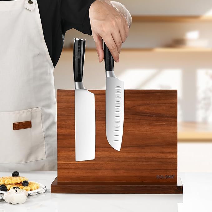 Magnetic Knife Block, Thickened Acacia Wood Kitchen Knife Holder Stand with Strong Magnets, Multifunctional Double Side Knife Storage Organizer for Kitchen Counter (Brown)