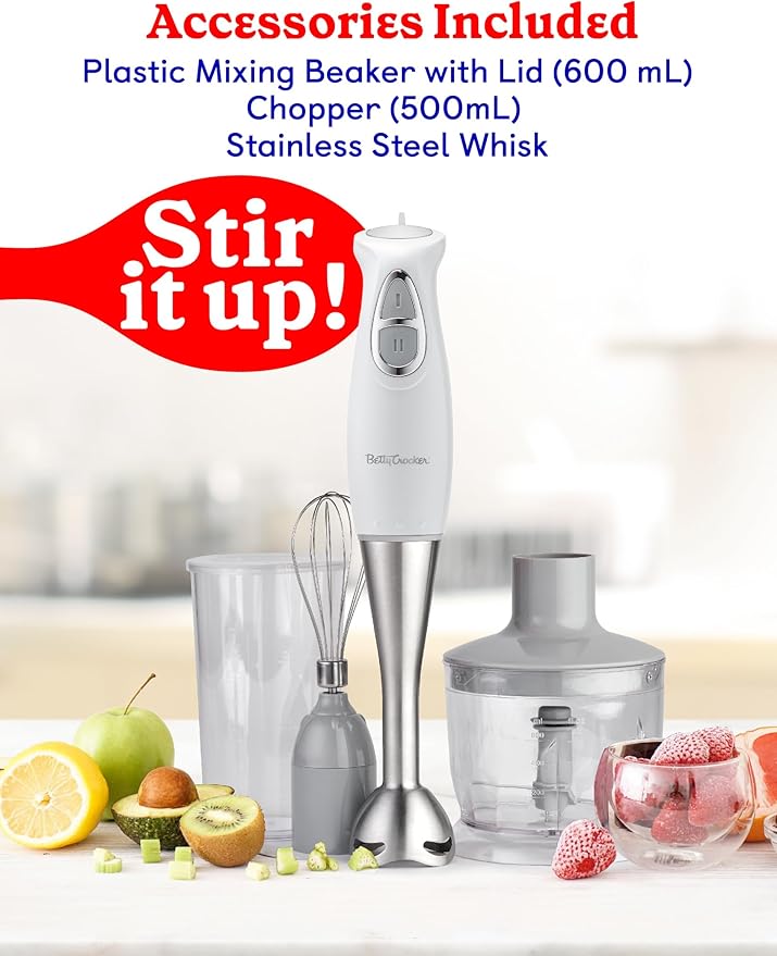 BETTY CROCKER Immersion Blender for Home & Kitchen, 2-Speed Hand Mixer Electric Handheld with Stainless Steel Blade, Beaker & Whisk, 250W Portable Blender with Ergonomic Handle, White